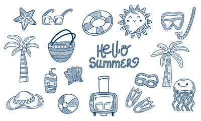 Set of hand-drawn outline summer doodles. Hello summer. Sketch icon of palm trees, sun, jellyfish, beach and relax elements. Line art style for cards, posters, decoration, coloring book. Vector