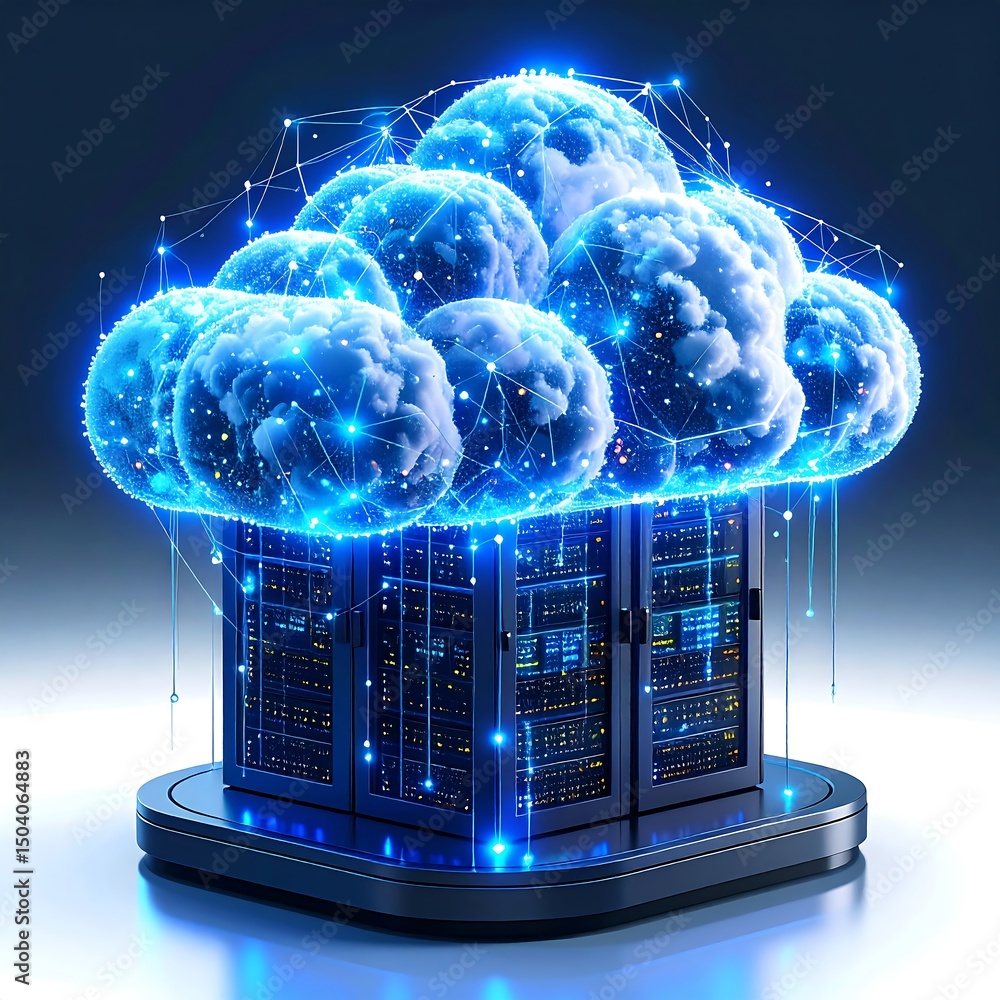 Poster futuristic cloud server data streams and network connections