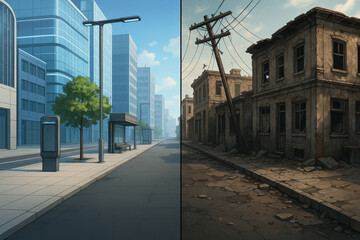 Obraz premium Street divided in half showing one side with modern high tech buildings and clean sidewalks, and other side with old, dilapidated buildings and cracked pavement, illustrating contrast and decay
