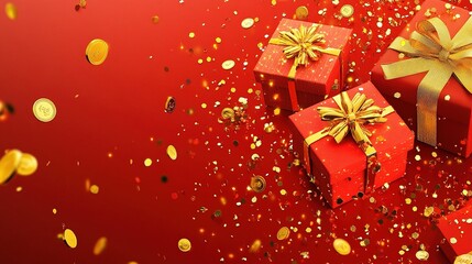 Obraz premium Festive Christmas sale banner design featuring bright 3D gift boxes, shiny gold coins and joyful ribbons, warm red and gold colors and glittering effects, joyful e-commerce holiday theme.