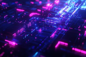 Obraz premium Futuristic technology illustration showing abstract digital nodes and interconnected mesh structure, cyberpunk style neon blue and purple light effects, high tech concept on dark background
