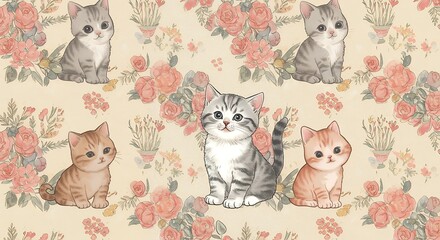 Cute Kitten on Floral Background