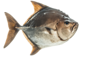 Pompano Fish Swimming Gracefully: A silvery pompano fish glides through the water with sleek fins, its streamlined body reflecting light. The scales shimmer like polished chrome.