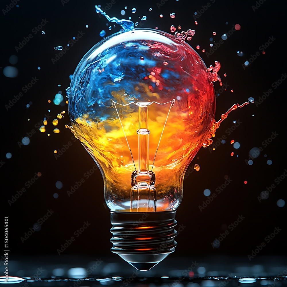 Poster creative idea concept represented by a colorful bulb with water splash and a high resolution image.