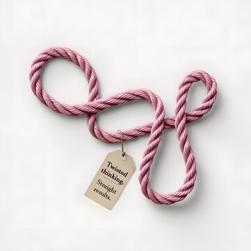 Twisted pink rope arranged loosely on white background with tag reading twisted thinking straight results sarcastic concept of logic creativity and feminine problem solving metaphor