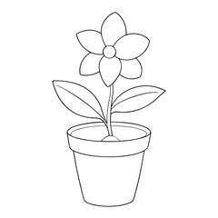 Black and white flower with leaves illustration in a pot for coloring books
