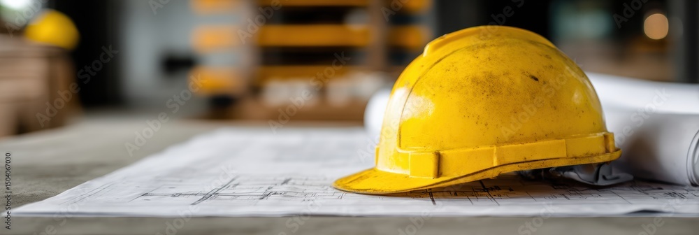 Aufkleber yellow construction helmet rests on blueprint on table in construction site with empty space for too