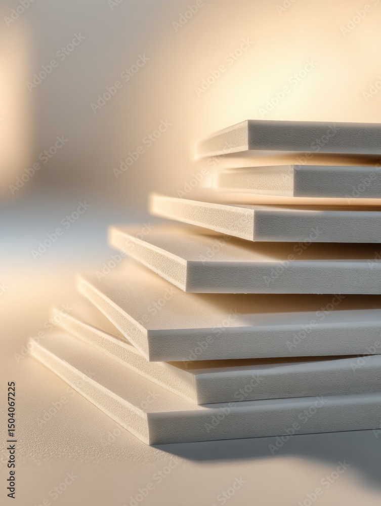 Poster waterproof gypsum boards stacked at an angle with soft lighting creating a subtle glow
