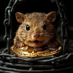 Cute mouse surrounded by chain holding a golden bitcoin cryptocurrency high resolution image.