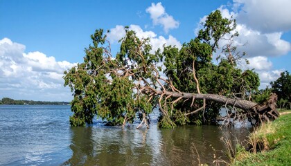 Fallen Tree Into Serene Lake Waters on Sunny Day Offering Picturesque Landscape