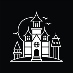 Spooky halloween haunted castle silhouette with moon and birds vector illustration