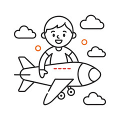 Cute line art illustration of boy flying airplane with clouds around