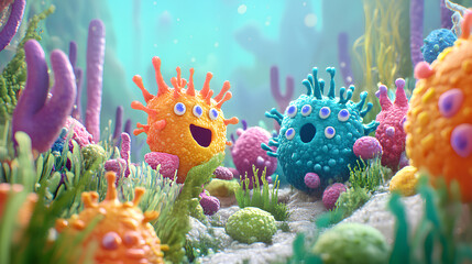 colorful 3D animation, bacteria and germs