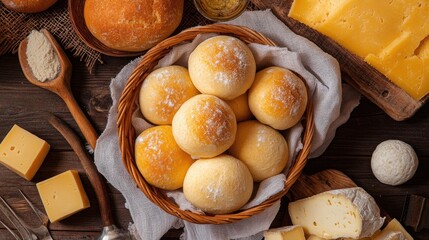 Overhead view of round cheese bread arranged in a basket lined with linen, surrounded by baking tools and cheese blocks