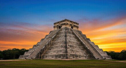 Chichen Itza Pyramid at Sunset in Mexico: A Majestic View of Ancient Mayan Architecture , Chichen Itza, Mayan pyramid, ancient ruins, Mayan architecture, Mexico landmarks, pyramid at sunset