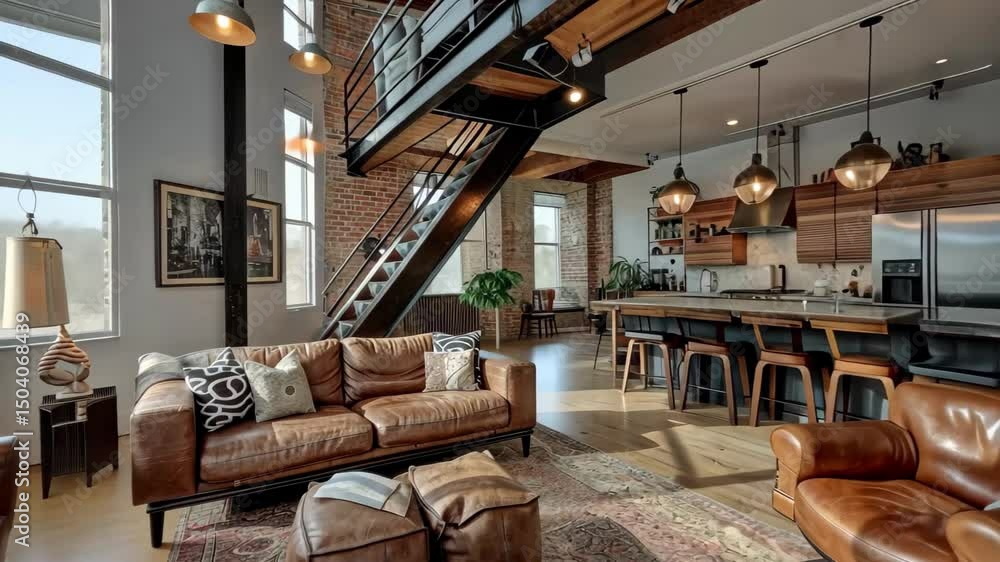 Poster cozy loft interior with modern design and open space featuring warm colors and industrial elements i