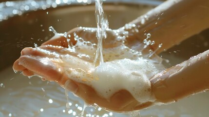 Fototapeta premium Hands washing with soap and water under a stream, water splashes around