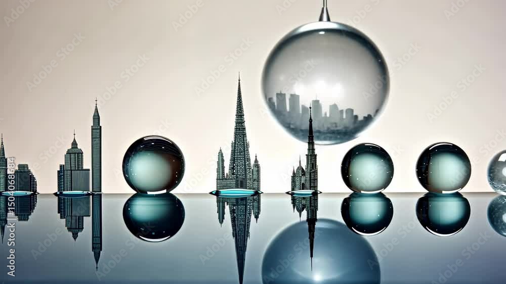 Aufkleber Transformative reflections of city skylines captured through glass orbs in a minimalist setting showcasing modern architecture in 4k