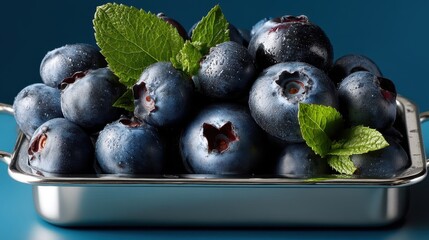 Fresh blueberries display in a silver container on a vibrant blue background with lush mint leaves