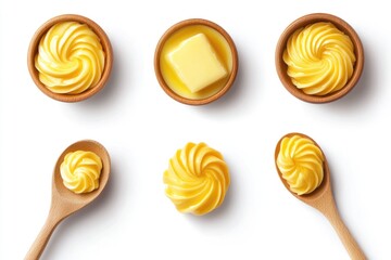 Overhead shot of butter in various forms pats, swirls, and a melting stick, displayed in wooden bowls and spoons against a stark white background