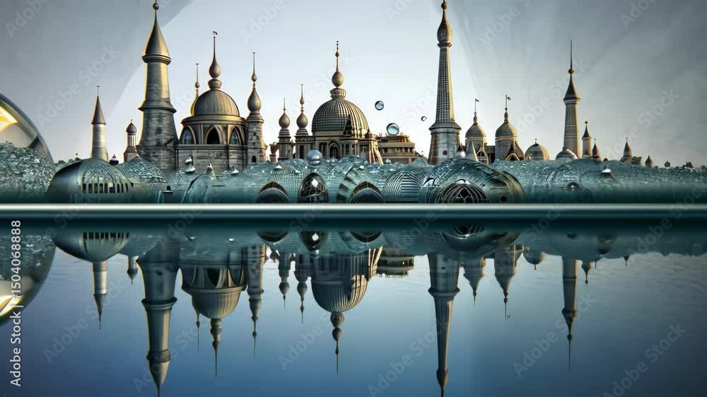 Aufkleber reflections of an intricate architectural skyline with domes and towers mirrored in calm waters at s
