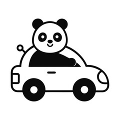 Cute panda bear driving a car black and white line art illustration