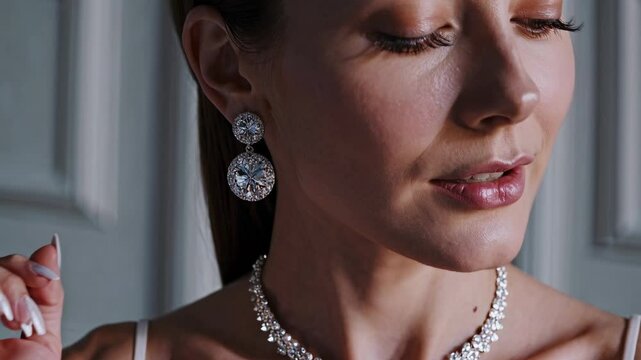 Close-up video shot of a woman adjusting diamond earrings and necklace, showcasing elegance and luxury from a side angle.