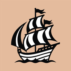 Classic sailing ship vector illustration black and white on tan background