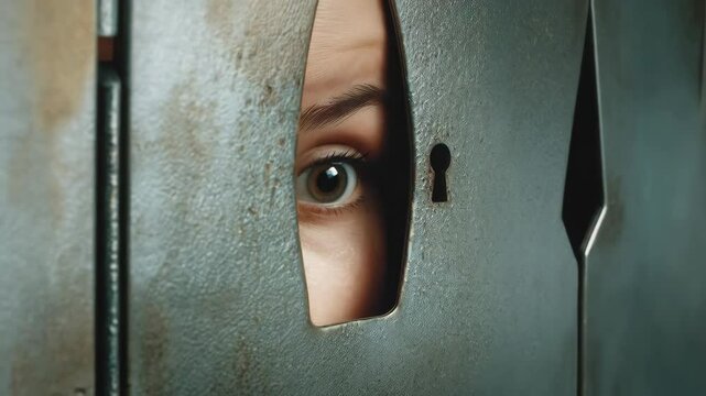 Eye peeking through a keyhole and a hole in an old, metallic, and textured grey door, creating a sense of mystery and secrecy