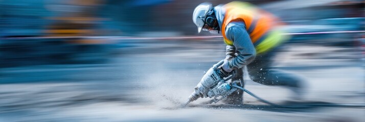 Worker Using Jackhammer in a Construction Site With Dynamic Motion Blur Creating an Impression of Hard Work and Activity