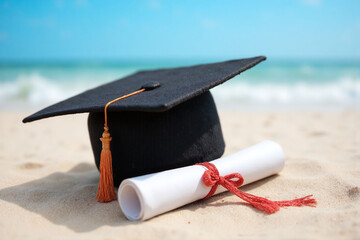 graduation cap and diploma laying on the beach
