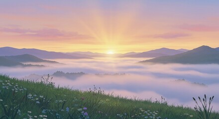 Fototapeta premium Golden Dawn Over Foggy Valleys - Beautiful Anime Scenery