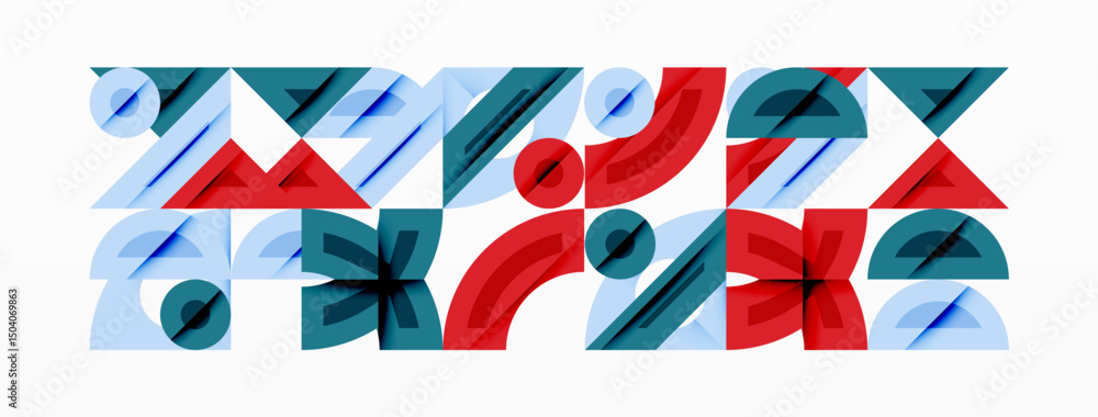 Poster abstract geometric shapes overlap, creating vibrant visual pattern. red, blue, teal colors dominate 