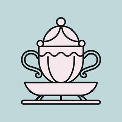 Decorative sugar bowl on saucer simple outline style vector illustration