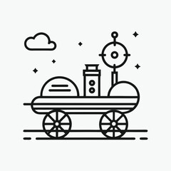 Cartoon space rover line art illustration with cloud and stars on white background
