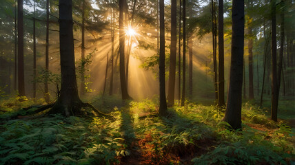 Obraz premium AI-Generated Morning Sunlight in Enchanted Forest