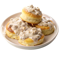 Biscuit and gravy in plate isolated on transparent background