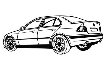  Illustration of a classic hatchback car, viewed from the rear and side. Perfect for retro themed designs, coloring pages, posters and digital artwork.