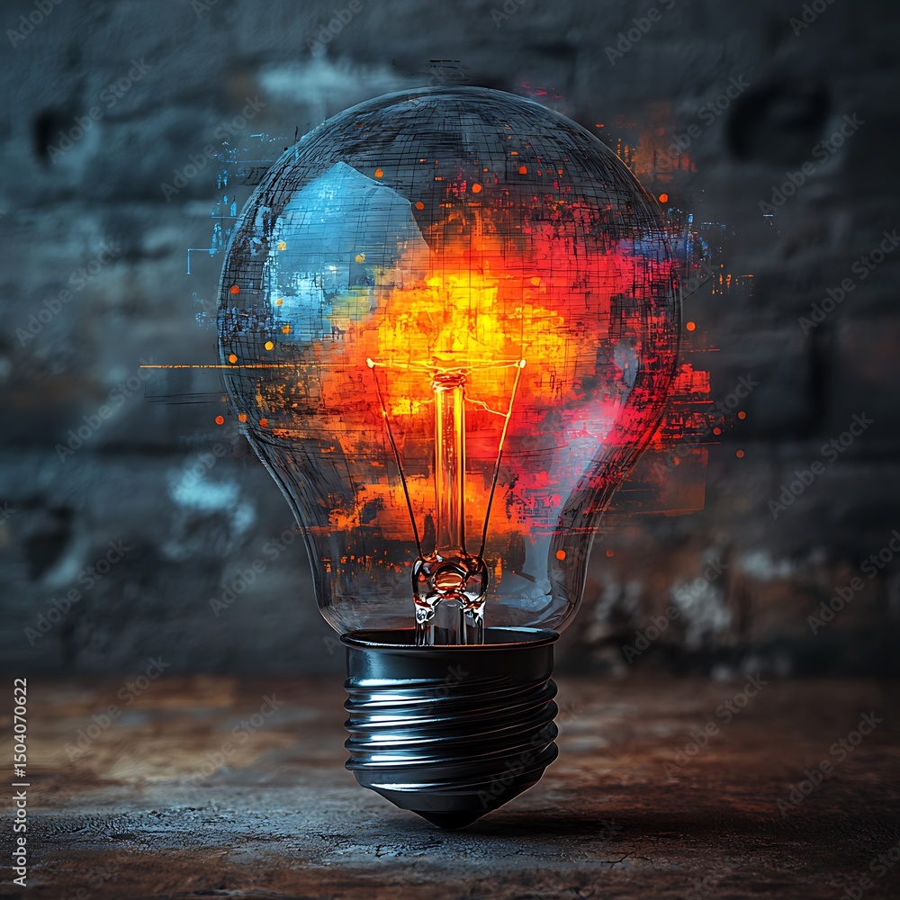 Poster digital illustration of a glowing lightbulb representing creative energy and innovation in a high re