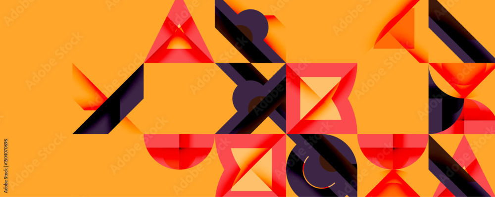 Poster Abstract geometric shapes overlap, creating dynamic composition. Warm orange background contrasts with red, purple tones. Modern design.