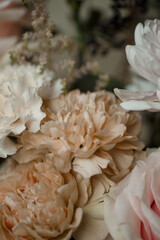 Close-up of soft beige carnations with gentle petals in natural light. Romantic floral background perfect for weddings, spring, and minimalist aesthetics