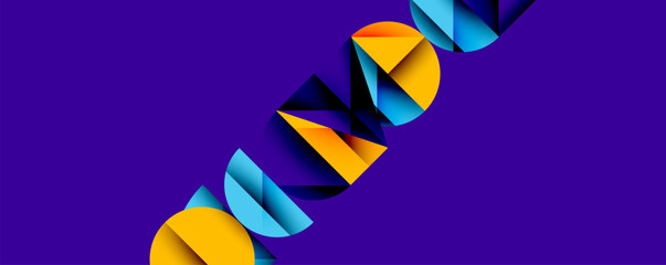 Abstract geometric shapes overlap purple background. Bright colors create dynamic visual effect. Modern design elements present.