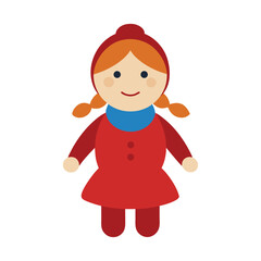 Cute flat vector illustration of a girl doll with red dress