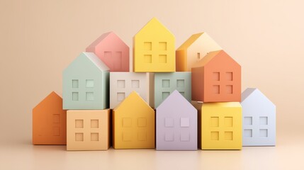 Colorful Paper House Models Arranged Creatively on a Neutral Background with Soft Lighting