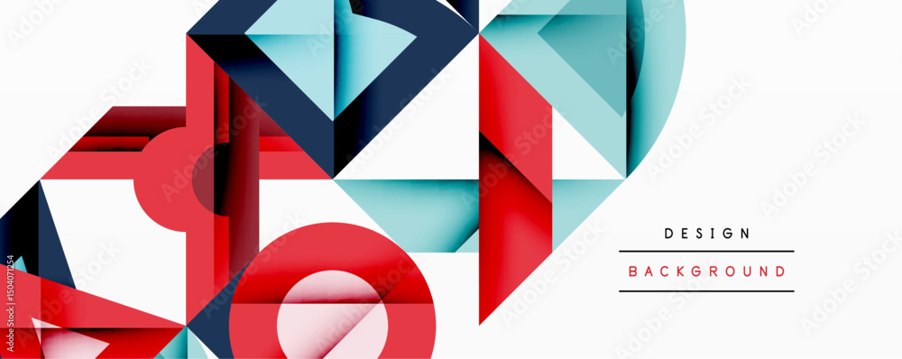 Poster abstract geometric shapes overlap, creating dynamic composition. red, blue, light blue dominate whit