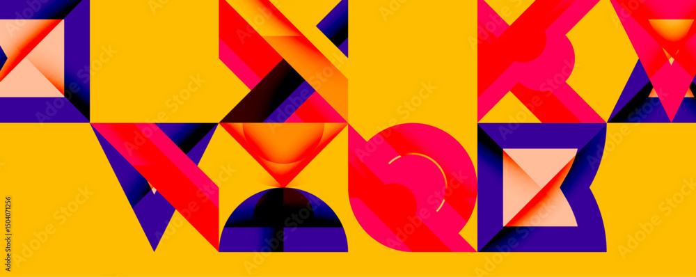 Poster abstract geometric shapes, vibrant colors dominate yellow background. bold lines create dynamic comp