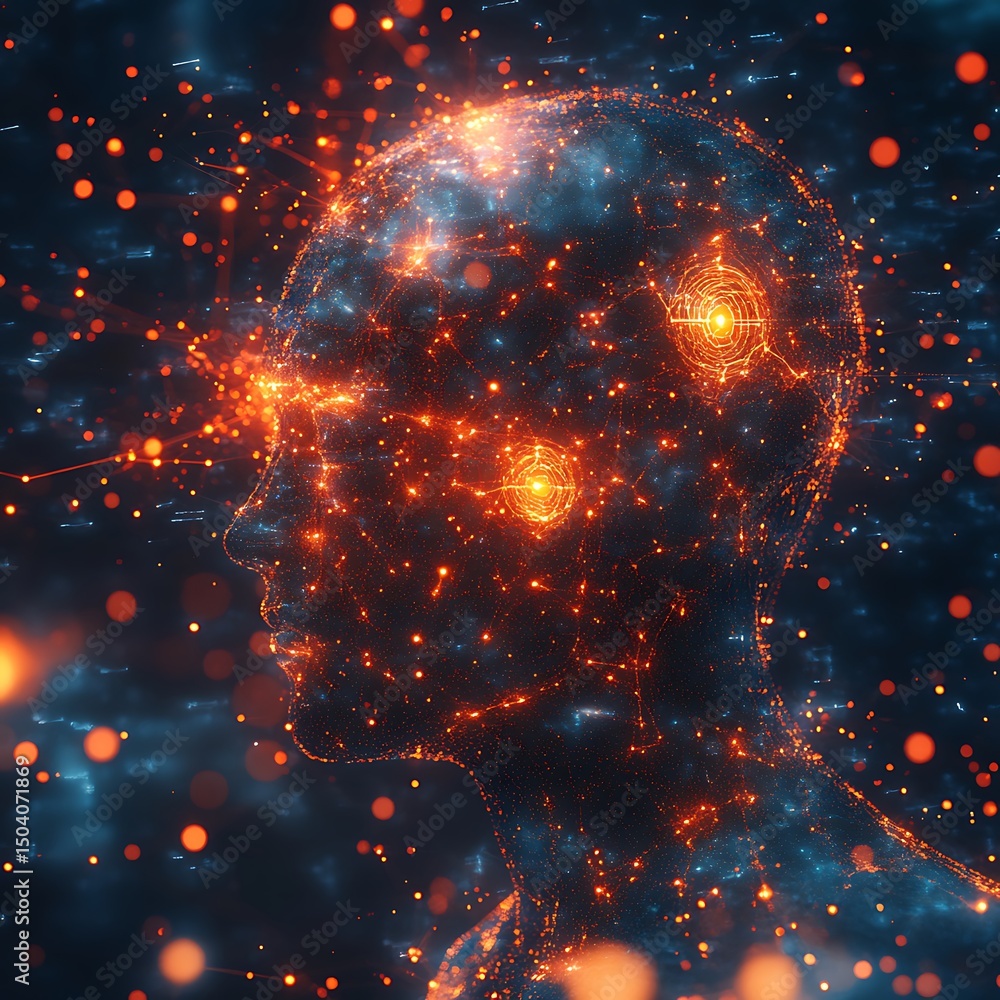 Poster digital representation of a human head interconnected with glowing particles high resolution image.