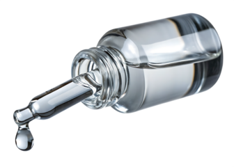 Glass vial with dropper releasing liquid, white isolated background PNG