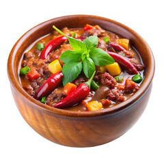 Chili con carne in wooden bowl isolated on transparent background