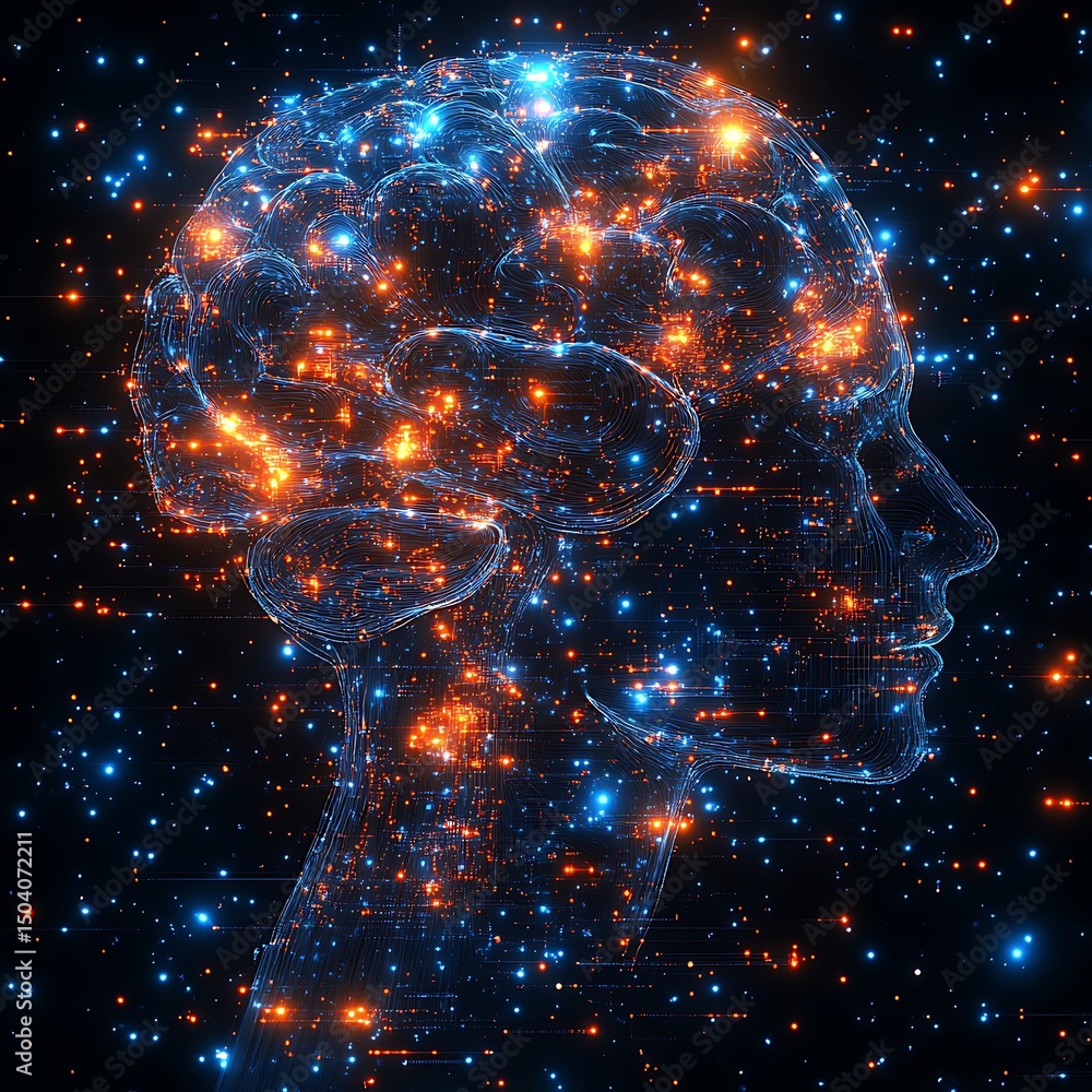 Poster digital representation of the human brain with glowing lights illustrating neural connections and th